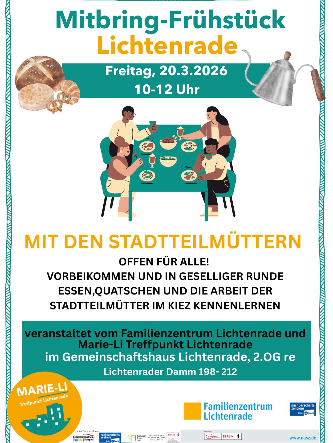 Offenes Frühstück mit den Stadtteilmüttern und @familienzentrum.lichtenrade
Am 20.3. laden wir zum Mitbring-Frühstück ein☕️
Bei leckerem Essen habt ihr die Gelegenheit die Arbeit der Stadtteilmütter und nette Nachbar*innen kennenzulernen.
Kommt gerne vorbei, wir freuen uns auf euren Besuch!😊
Wann: Freitag, 20.3., 10-12 Uhr
Wo: Marie-Li Lichtenrade im Gemeinschaftshaus Lichtenrade, 2.OG
#lichtenrade #nachbarschaft #gemeinsam #frühstück