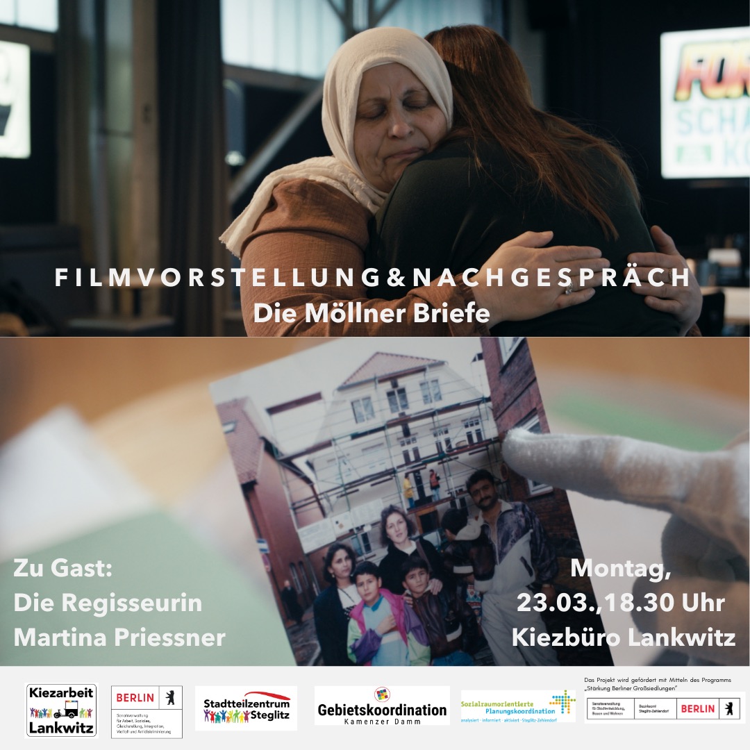 Filmvorstellung + Nachgespräch: Die Möllner Briefe
Zu Gast: Die Regisseurin @martina_priessner
🎬 Den Trailer findet ihr auf Slide 2
📆 Wann? Montag, den 23. März, 18:30 Uhr
📍Wo? Kiezbüro Lankwitz, Emmichstr. 8, 12249 Berlin
🎞️ Dokumentarfilm/ Deutschland 2025 /
96 min / deutsch/türkisch mit UT
Der hochaktuelle Dokumentarfilm der vielfach ausgezeichneten Regisseurin erzählt die Geschichten der Opfer und Überlebenden der rassistischen Brandanschläge in Mölln 1992 und von der großen Solidarität, die lange im Verborgenen blieb.
Im November 1992 zerstörten rassistische Brandanschläge in Mölln das Leben von
İbrahim Arslan und seiner Familie. Der 7-jährige Junge überlebte das Feuer, verlor aber auf tragische Weise seine Schwester, seine Cousine und seine Großmutter. In der Folgezeit erhielt die Stadt Hunderte von Solidaritätsschreiben, die archiviert wurden und fast drei Jahrzehnte lang in Vergessenheit gerieten. Verwoben mit İbrahims ergreifender Erinnerungsreise und seinen Begegnungen mit drei Briefschreiberinnen, bilden diese längst vergessenen Botschaften eine eindrucksvolle visuelle Brücke zwischen Vergangenheit und Gegenwart.
Der Film begleitet İbrahim @reclaim_and_remember und seine Geschwister und zeichnet ein sensibles Portrait des anhaltenden Traumas, das ihr Leben bis heute prägt.
DIE MÖLLNER BRIEFE verschafft nicht nur den Überlebenden und Familien der Opfer
mehr Gehör, sondern erzählt auch von der großen Solidarität und dem Mitgefühl, das nach den Anschlägen in Briefen und Beileidsbekundungen an die Familien adressiert wurde. Erst 2020 wurden diese Briefe, geschrieben von Erwachsenen und Kindern, im Archiv der Stadt Mölln entdeckt. Sie wurden nie an die Familien weitergeleitet.
Buch und Regie: @martina_priessner
Kamera: @aysealacakaptan, @julia.geiss @annemisselwitz, Ute Freund
Ton: Bilge Bingül, Ludwig Fiedler
Montage: Maja Tennstedt
Produktion: @fhottenbacher, @gregor_streiber, @inselfilmproduktion
📩 Anmeldung unter: gebietskoordination@kamenzer-damm.de
Der Eintritt ist kostenlos