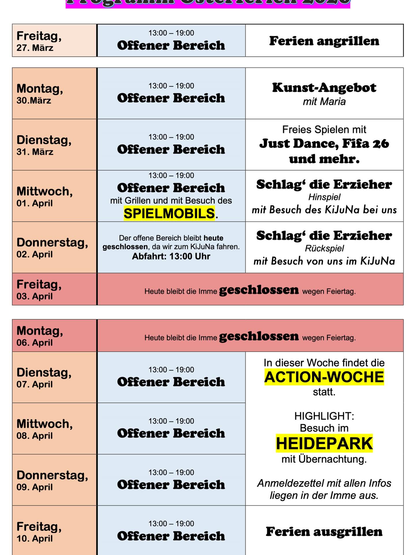 Unser Osterferienprogramm. 🤗