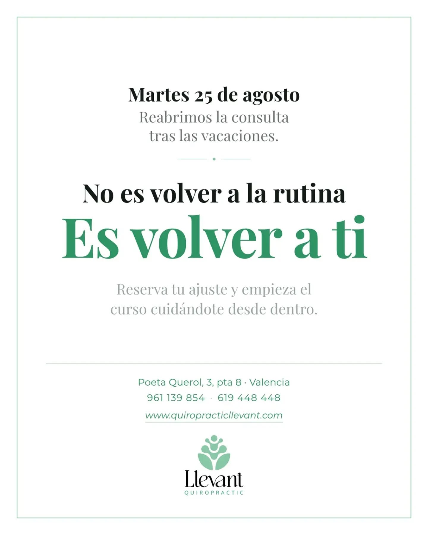 No es volver a la rutina.
Es volver a ti. 🌿
Martes 25 de agosto, reabrimos la consulta tras las vacaciones ☀️
Después de unas semanas de pausa, el cuerpo vuelve de golpe a las horas de silla, a las prisas y a la mochila del día a día. Y es justo ahí donde se nota si tu sistema nervioso está funcionando sin interferencias… o no.
El verano te ha dado descanso.
Mantenerlo es otra cosa: es constancia, es cuidarte desde dentro, es no esperar al síntoma para ocuparte de la causa.
Retomar tu ajuste esta semana es la forma más sencilla de empezar el curso con energía, buen descanso y una columna que sostiene todo lo demás.
📍 Llevant Centre Quiropràctic ·
📲 Escríbenos por WhatsApp o por DM y reservamos tu cita.
Te esperamos 💚
#quiropractica #quiropracticavalencia #llevantquiropractic #saludvertebral #sistemanervios