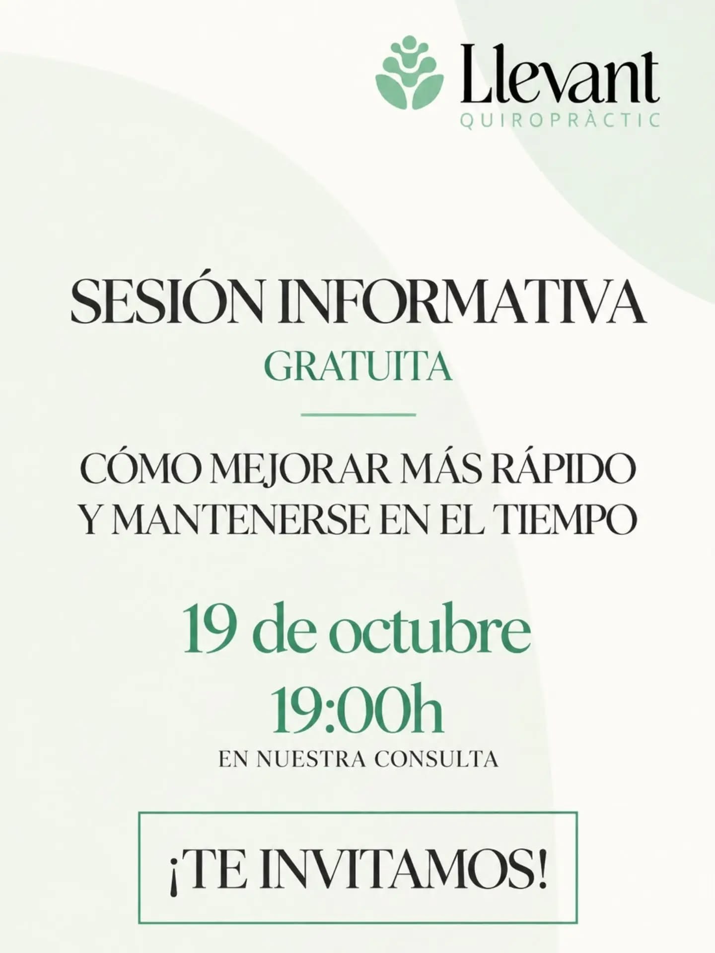 😣 ¿Cuánto está limitando tu vida ese dolor que vuelve una y otra vez?
Dolor de espalda, cuello, tensión, dolores de cabeza… quizá ya te has acostumbrado a ellos. A levantarte con molestias, trabajar con tensión, dormir peor o renunciar a cosas que antes hacías sin pensarlo.
Pero vivir con molestias no debería convertirse en tu normalidad.
El lunes 19 de octubre te explicamos en persona cómo trabajamos y resolvemos todas tus dudas.
📅 Sesión informativa GRATUITA · Lunes 19/10 · 19:00
📍 C/ Poeta Querol 3, València
📲 Reserva tu plaza: escríbenos «SESIÓN» por mensaje directo o al 619 448 448 por WhatsApp
🌐 www.quiropracticllevant.com
#Quiropráctica #DolorDeEspalda #DolorDeCuello #QuiropracticaValencia #CentreQuiropràcticLlevant