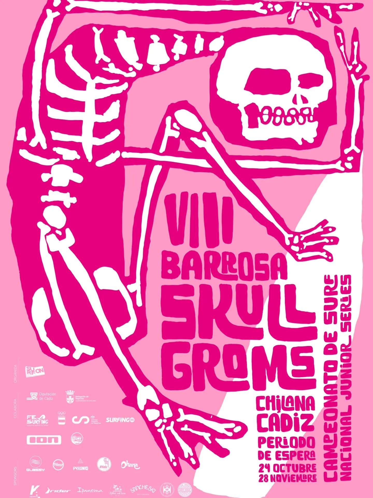 🔥 ¡Vuelve el Barrosa Skull Groms!
La playa de La Barrosa, en Chiclana de la Frontera, se prepara para recibir la octava edición de una cita ya consolidada con el surfing de base nacional.
Pruebas puntuables para los circuitos nacionales:
🏄 Junior Series
🏄 Surfing Kids 2026
📍 Playa de La Barrosa · Chiclana de la Frontera (Cádiz)
📅 Periodo de espera: 24 de octubre – 30 de noviembre
La organización contará con este periodo de espera para elegir las mejores condiciones de olas y ofrecer el mejor escenario posible a las jóvenes promesas del surfing nacional.
Organizado por el Club Deportivo Surf-ON, el campeonato reunirá a deportistas llegados desde diferentes puntos de España y contará también con música, presentaciones, talleres y diferentes actividades paralelas para disfrutar dentro y fuera del agua.
La fecha definitiva se anunciará próximamente a través de los canales oficiales. 📣
Inscripciones abiertas!!
Enlace en el linktree de la Bio
¡Nos vemos en La Barrosa! 🤙🔥
#FS26 #FESurfing #BarrosaSkullGroms #JuniorSeries #SurfingKids
@coe_es
@deportegob
@surfingpuntoes_
@iberdrola
@federacionasturianadesurfing
@federacion_melillense_surf
@fgsurf
@federacion_surf_region_murcia
@fsurfcat
@fecansurf
@fedcantabrasurf
@aytochiclana
@ipanema_spain
@slide_surfskate
@surfuel_
@tiza_natural
@kitesurfchiclana
@escueladesurfchiclana
@glassyeurope
@pyramidsurfboards
@flowsurfcenter
@riderspain
@korporativostudio
@naturalsurfhouse
@sexwaxoficial
@sancheski.dtbn