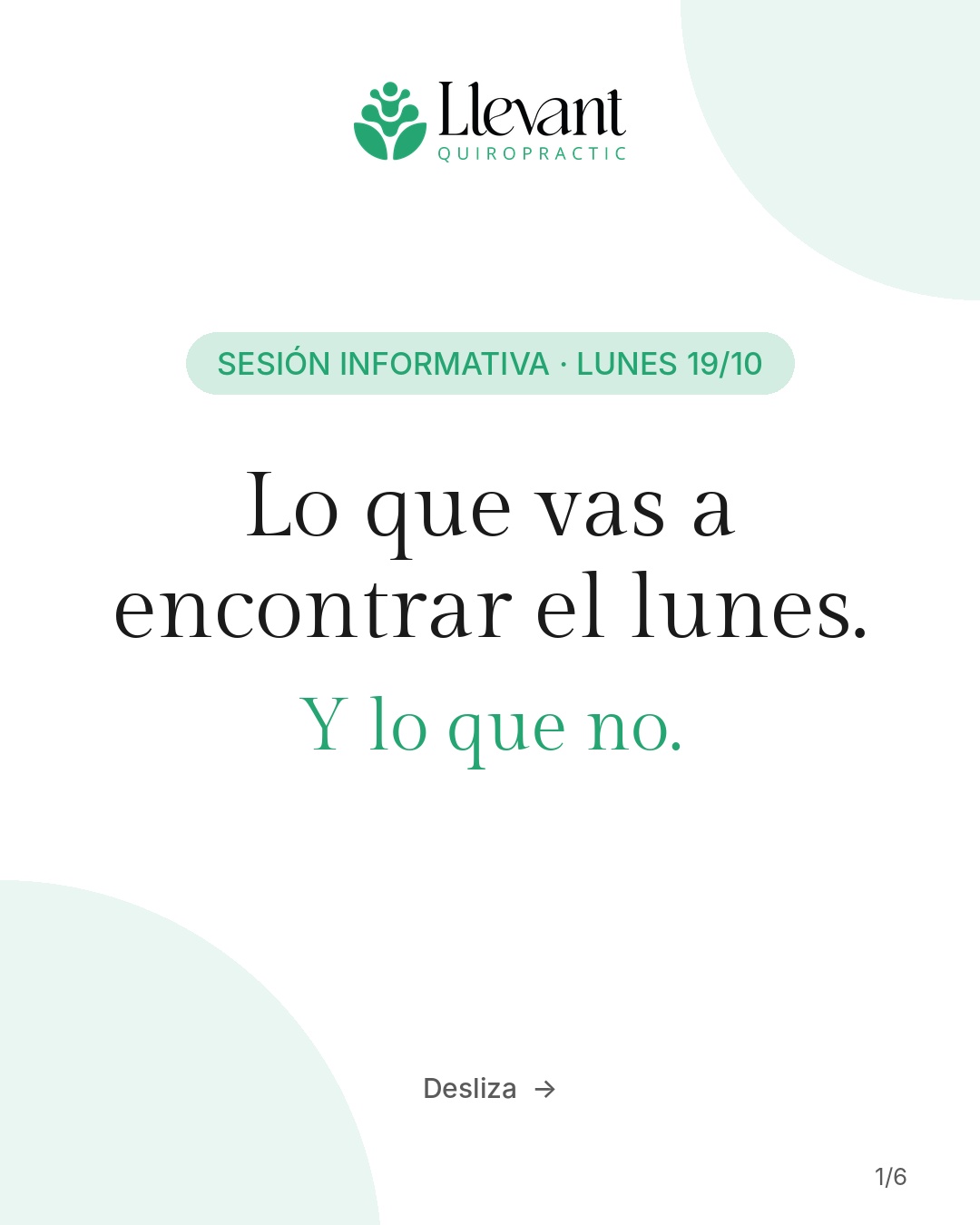 Ya sabes que el lunes 19 hay sesión informativa. Lo que quizá no sabes es qué pasa dentro.
Te lo contamos en seis diapositivas, incluido lo que no vamos a hacer.
📅 Lunes 19 de octubre · 19:00
📍 C/ Poeta Querol 3, València
🎟️ Gratuita y sin compromiso
Reserva tu plaza: escríbenos «SESIÓN» por mensaje directo o al 619 448 448 por WhatsApp.
#QuiropracticaValencia #QuiropracticoValencia #Valencia #Quiropráctica #CentreQuiropràcticLlevant