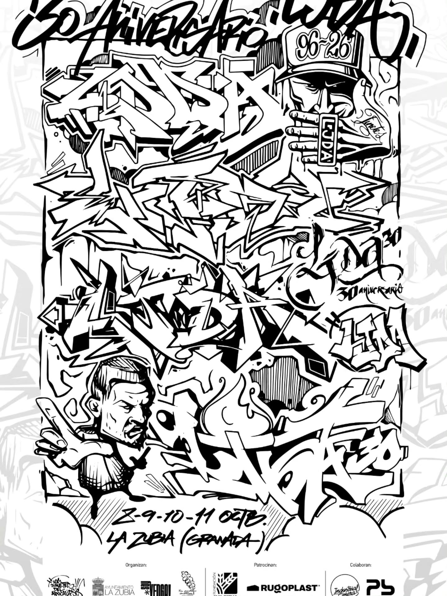 30 aniversario LJDA
Aquí tenéis toda la información. -dia 8.- comenzamos con la inauguración exposición colectiva LJDA 30 años a las 19:30 en el centro Carmen Jiménez de La Zubia Dia 9, 10, 11.-Exhibición de graffiti en el polígono industrial Alhsur de la Zubia (gama de color seleccionada en foto 4)
This October we celebrate 30 years of LJDA, an international graffiti crew founded in 1996 by writers from Granada and Germany, later expanding to cities such as Madrid and Barcelona, and to countries including France, Switzerland and the United States.
89 10 11 OCTOBER 2026 La Zubia, Granada
Four days of graffiti. Check the carousel for the location if you want to come by, see the pieces and watch the process.
SATURDAY 10 INDUSTRIAL COPERA Industrial Copera Gardens
16:00- BREAKING
Seven to Smoke 1 vs 1 Battle
17:00-20:00- RAP
Raw Kingdoom Takt Ego klinch Dhanger M
MSKuad Killa Calles Alce
FREE ENTRY UNTIL FULL CAPACITY
SATURDAY 10 AFTERPARTY
Planta Baja Granada
00:00-04:00
DJ SETS
Killa Calles
Calagad 13 + Chiconar
Klaas
Shace
Antoine
FREE ENTRY UNTIL FULL CAPACITY
Four days celebrating 30 years of graffiti, music and friendship.
See you in GRANADA