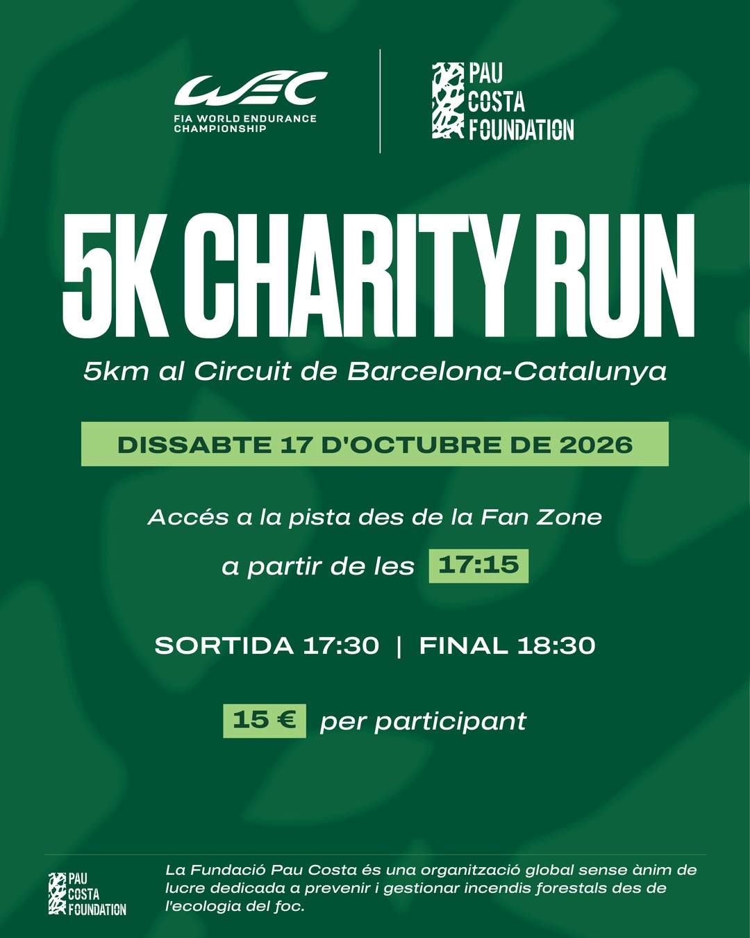 𝑪𝑯𝑨𝑹𝑰𝑻𝒀 𝑹𝑼𝑵 #6HBarcelona 🏃
🤗 Les 6 Hores de Barcelona del @fiawec_official seran també solidàries amb la cursa de 5K que farem aquest dissabte a la tarda a la pista del Circuit.
Las 6 Horas de Barcelona del @fiawec_official también serán solidarias con la carrera de 5K que celebraremos este sábado por la tarde en la pista del Circuit.
The 6 Hours of Barcelona will also have a charitable side, with a 5K run taking place on the Circuit track this Saturday afternoon.
🧑🚒 Apunta't i col·labora amb la fundació @paucostafoundation, dedicada a la prevenció d'incendis forestals des de l'ecologia del foc.
Apúntate y colabora con la fundación @paucostafoundation, dedicada a la prevención de incendios forestales desde la ecología del fuego.
Sign up and support the @paucostafoundation, dedicated to promote wildfire risk management from the perspective of fire ecology.
☺️ Pots participar-hi sense necessitat de tenir entrada general de dissabte o cap de setmana!
Puedes participar sin necesidad de tener entrada general de sábado o de fin de semana.
You can take part without needing a Saturday or weekend general admission ticket.
🎟️ Link a les entrades, a les nostres Stories! 👆
🎟️ Enlace a las entradas en nuestras Stories! 👆
🎟️ Ticket link in our Stories! 👆
#WEC