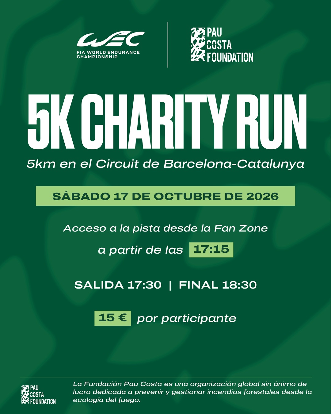 𝑪𝑯𝑨𝑹𝑰𝑻𝒀 𝑹𝑼𝑵 #6HBarcelona 🏃
🤗 Les 6 Hores de Barcelona del @fiawec_official seran també solidàries amb la cursa de 5K que farem aquest dissabte a la tarda a la pista del Circuit.
Las 6 Horas de Barcelona del @fiawec_official también serán solidarias con la carrera de 5K que celebraremos este sábado por la tarde en la pista del Circuit.
The 6 Hours of Barcelona will also have a charitable side, with a 5K run taking place on the Circuit track this Saturday afternoon.
🧑🚒 Apunta't i col·labora amb la fundació @paucostafoundation, dedicada a la prevenció d'incendis forestals des de l'ecologia del foc.
Apúntate y colabora con la fundación @paucostafoundation, dedicada a la prevención de incendios forestales desde la ecología del fuego.
Sign up and support the @paucostafoundation, dedicated to promote wildfire risk management from the perspective of fire ecology.
☺️ Pots participar-hi sense necessitat de tenir entrada general de dissabte o cap de setmana!
Puedes participar sin necesidad de tener entrada general de sábado o de fin de semana.
You can take part without needing a Saturday or weekend general admission ticket.
🎟️ Link a les entrades, a les nostres Stories! 👆
🎟️ Enlace a las entradas en nuestras Stories! 👆
🎟️ Ticket link in our Stories! 👆
#WEC